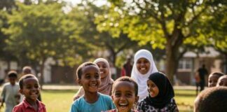 Group of children playing joyfully in a grassy area