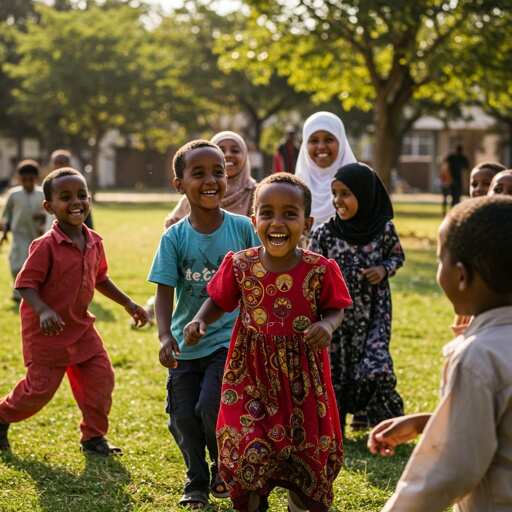Outdoor,Photo,Of,Group,Of,Somali,Muslim,Kids,In,America Group of children playing joyfully in a grassy area