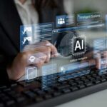 Person interacting with a digital interface displaying AI-related information
