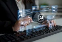 Person interacting with a digital interface displaying AI-related information