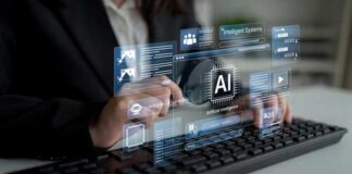 Person interacting with a digital interface displaying AI-related information