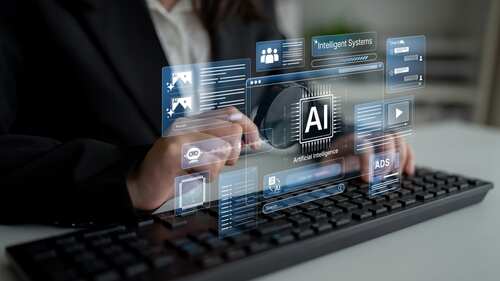 Person interacting with a digital interface displaying AI-related information