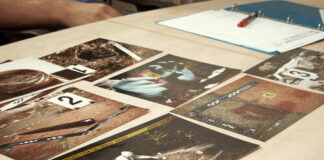 Collection of photographs laid out on a table for analysis