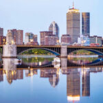 City skyline and bridge reflecting on calm water