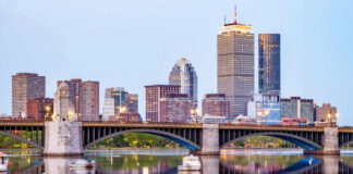 City skyline and bridge reflecting on calm water