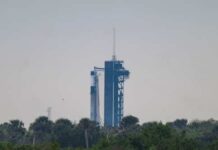 A rocket on a launch pad surrounded by greenery